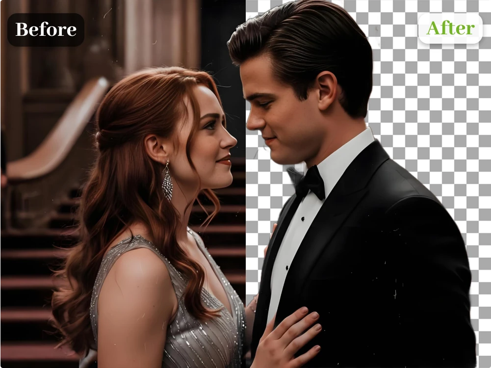 Two people before and after precise background removal