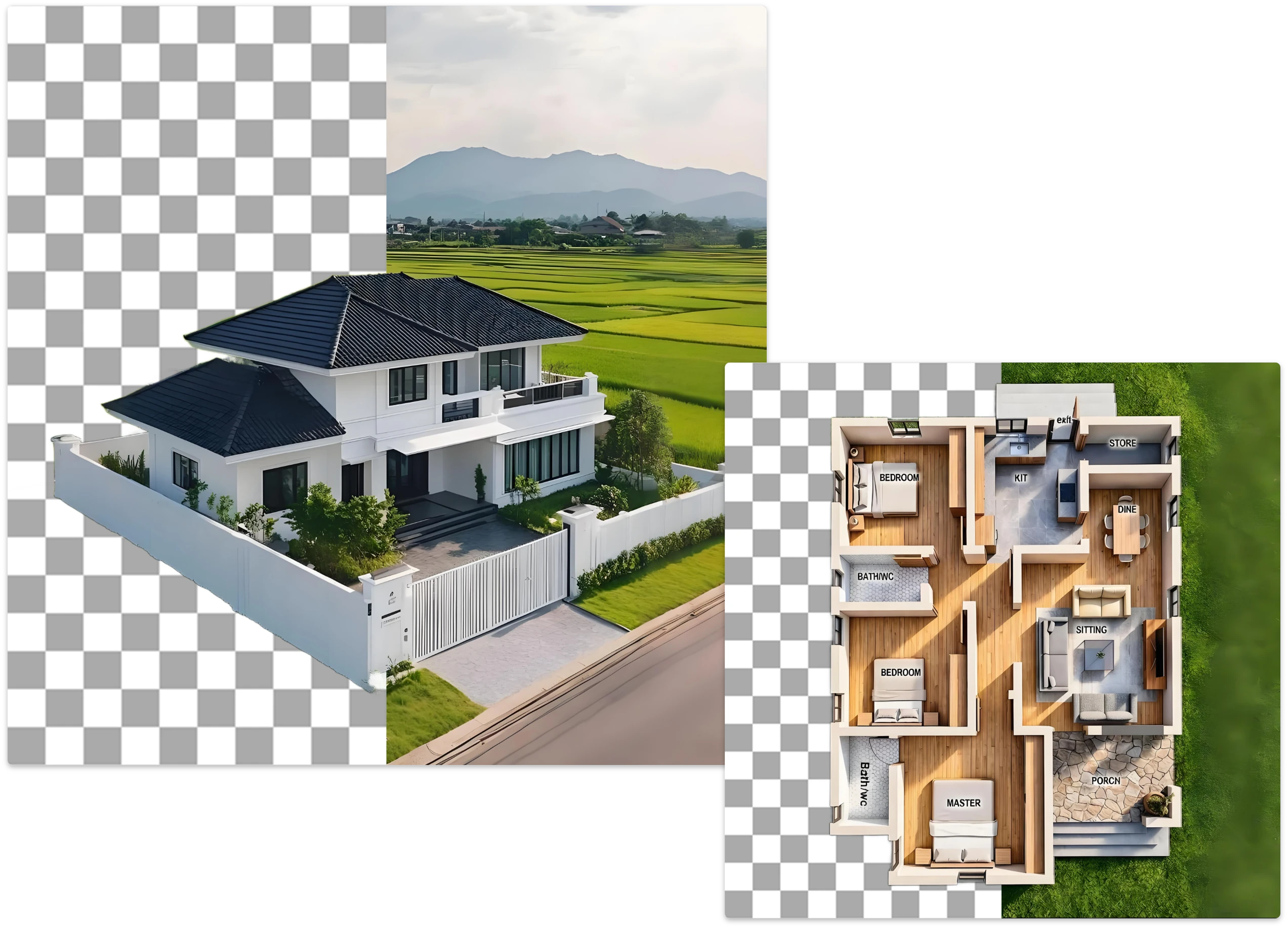 House and floor plan isolated from their backgrounds for real estate marketing