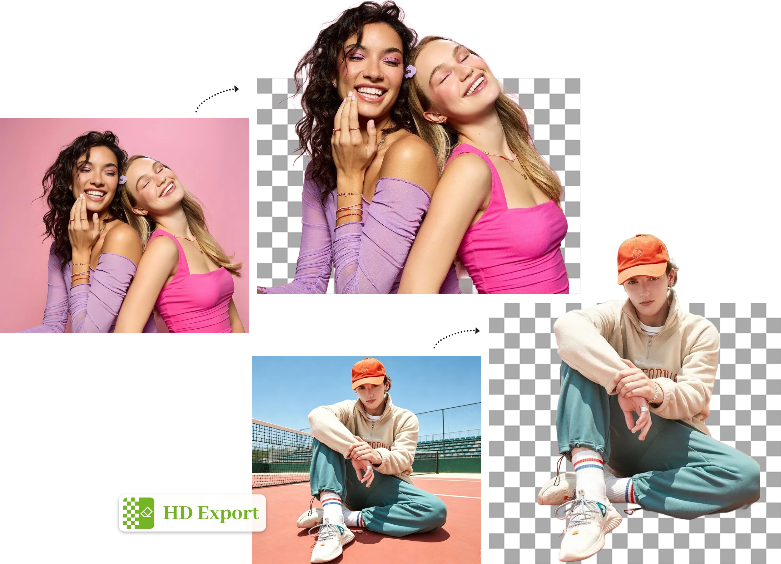 People with detailed edges shown before and after background removal
